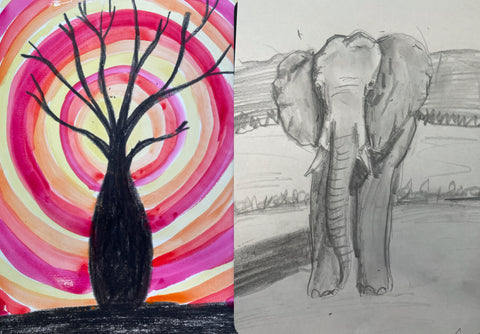 Elephant drawing and Watercolour and crayon Boab Tree 10th January, Friday Morning